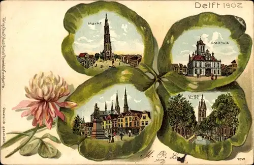 Präge Kleeblatt Litho Delft Südholland Niederlande, Markt, Stadhuis, Oude Delft