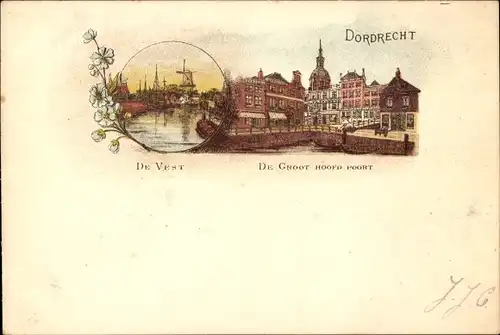 Lithographie Dordrecht Südholland Niederlande, Mühle, De Groot Hoofd Poort