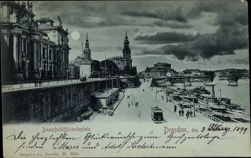 Mondschein Ak Dresden Altstadt, Dampfschiffslandeplatz, Straßenbahn, Kirche