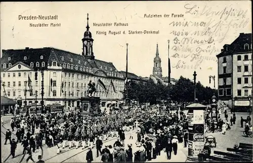 Ak Dresden Neustadt, Neustädter Markt, Neustädter Rathaus, Denkmal König August der Starke