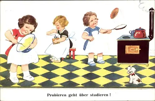 Künstler Ak Wills, John, Mädchen in der Küche, Herd, Teigschüssel, Kaffeemühle