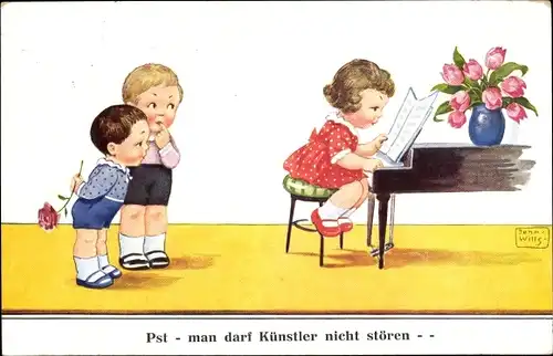 Künstler Ak Wills, John, Mädchen am Flügel, Jungen, Blume