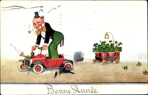 Künstler Ak Wills, John, Fröhliches Neujahr, Mann in einem Spielzeugauto, Anhänger, Klee