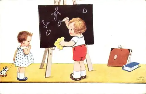 Künstler Ak Wills, John, Kinder spielen Schule, Tafel