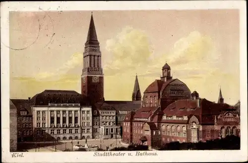 Ak Kiel, Stadttheater und Rathaus