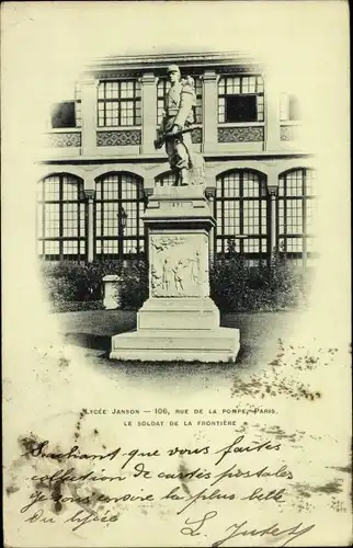 Ak Paris XVI Passy, Lycee Janson, Denkmal Le Soldat de la Frontiere, 106 Rue de la Pompe