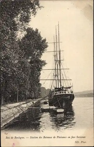 Ak Paris XVI, Bois de Boulogne, Vergnügungsbootstation gegenüber Suresnes, Segelschiff