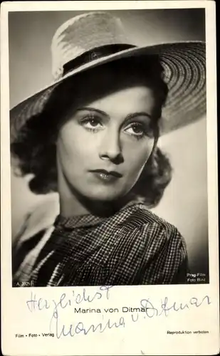 Ak Schauspielerin Marina von Ditmar, Portrait, Prag Film A 3929 1, Autogramm