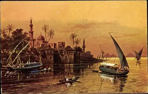 Künstler Ak Perlberg, F., Kairo Ägypten, Abend, Hafen, Boote, Pyramiden