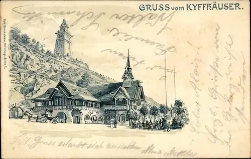 Litho Steinthaleben Kyffhäuserland in Thüringen, Kyffhäuser, Kaiser Wilhelm Denkmal, Gasthaus