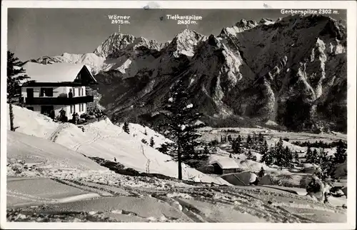 Ak Mittenwald in Oberbayern, Kranzberghaus, Wörner, Winteransicht