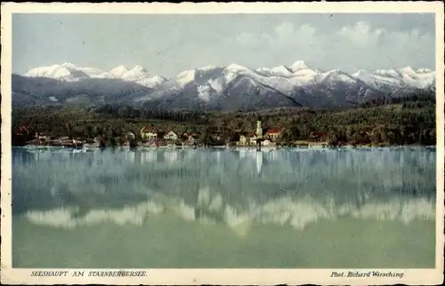 Ak Seeshaupt am Starnberger See Oberbayern, Panorama, Gebirge, Ortsansicht