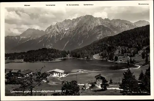 Ak Mittenwald in Oberbayern, Lautersee, Panorama, Karwendelspitzen