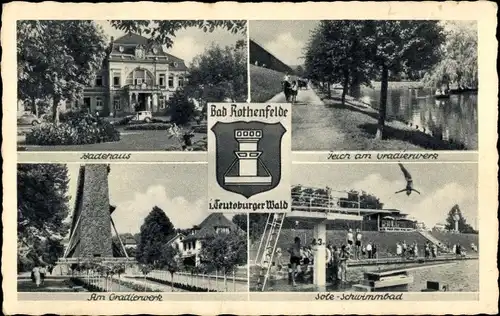 Ak Bad Rothenfelde am Teutoburger Wald, Wappen, Teich, Badehaus, Gradierwerk, Sole-Schwimmbad