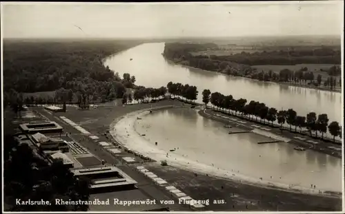 Ak Karlsruhe, Rheinstrandbad Rappenwört, Fliegeraufnahme