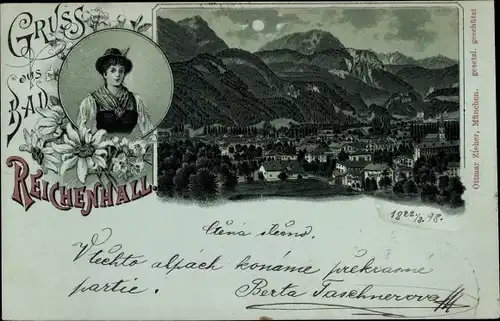 Mondschein Litho Bad Reichenhall in Oberbayern, Totale, Mondenschein, Frau in Tracht, Edelweiß