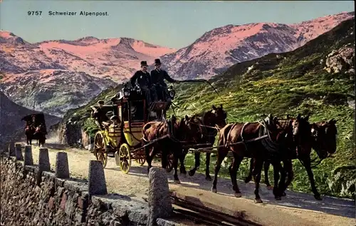 Ak Schweizer Alpenpost, Postkutsche, Pferde