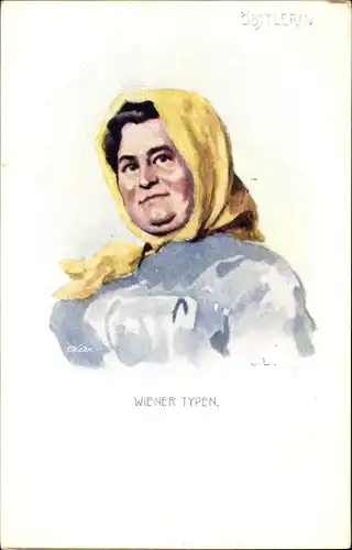 Künstler Ak Wiener Typen, Öbstlerin, Frau mit Kopftuch