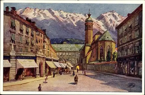 Künstler Ak Innsbruck Tirol, Partie am Burggraben, Alpen, Kirche