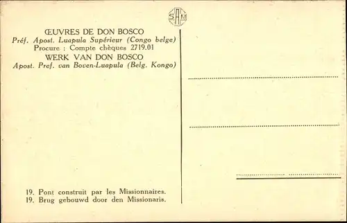 Ak DR Kongo Zaire, von den Missionaren erbaute Brücke, Werke von Don Bosco