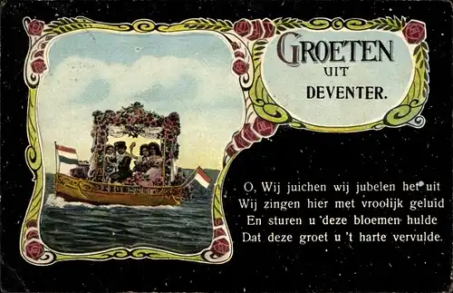 Gedicht Passepartout Ak Deventer Overijssel Niederlande, Grüße aus, Kinder in einem Motorboot