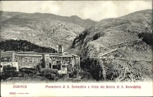 Ak Subiaco Lazio Italien, Monastero di S. Scolastica e vista del Bosco di S. Benedetto