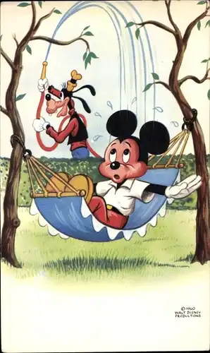 Künstler Ak Walt Disney, Mickey Mouse, Goofy, Hängematte, Wasserschlauch