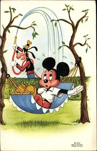 Künstler Ak Walt Disney, Mickey Mouse, Goofy, Hängematte, Wasserschlauch