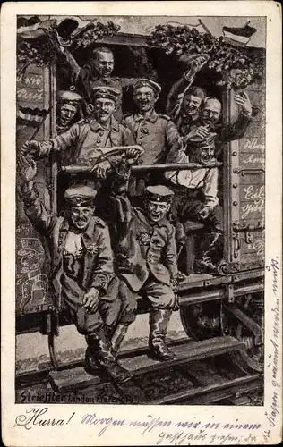 Künstler Ak Strieffler, Hurra, Deutsche Soldaten fahren aus, Eisenbahnwaggon, I. WK