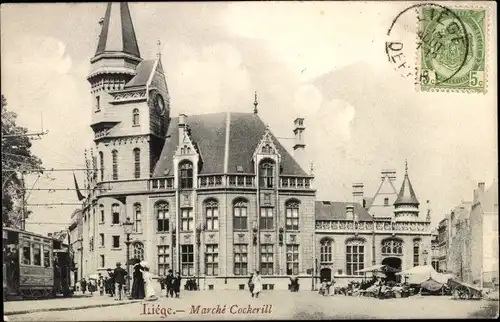 Ak Lüttich Lüttich Wallonien, Cockevill Market, Straßenbahn