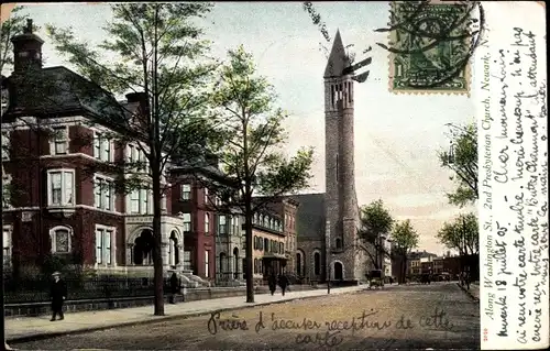 Ak Newark New Jersey USA, entlang der Washington Street, Kirche