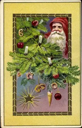 Ak Frohe Weihnachten, Weihnachtsmann, Beschmückter Tannenbaum