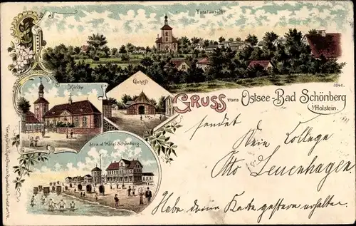 Litho Schönberg in Schleswig Holstein, Totalansicht, Gehöft, Kirche, Strandhotel