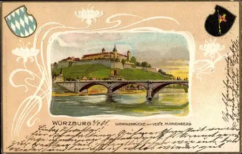 Präge Wappen Passepartout Litho Würzburg am Main Unterfranken, Ludwigsbrücke, Veste Marienberg