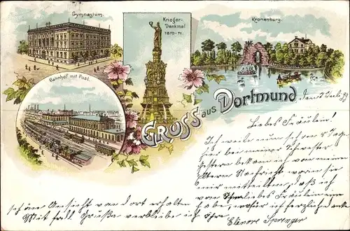 Litho Dortmund im Ruhrgebiet, Gymnasium, Bahnhof, Post, Kriegerdenkmal, Kronenburg