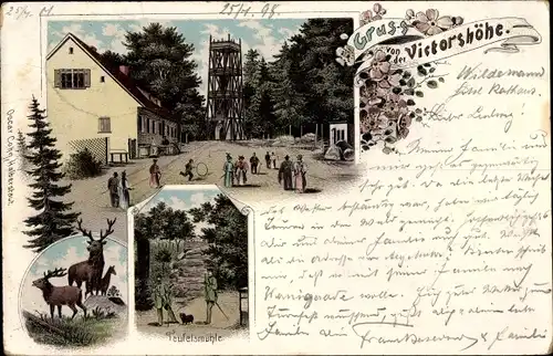 Litho Gernrode Quedlinburg im Harz, Gruß von der Victorshöhe, Teufelsmühle, Hirsche