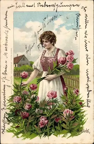 Künstler Litho Mailick, Junge Frau pflückt Rosen im Garten