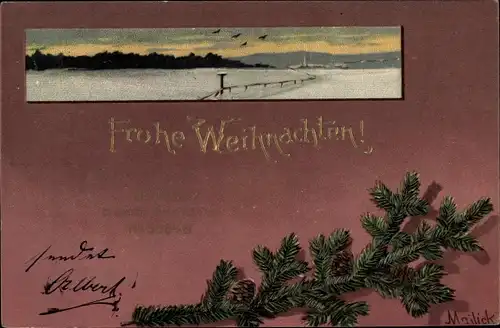 Präge Künstler Litho Mailick, Frohe Weihnachten, Winterlandschaft