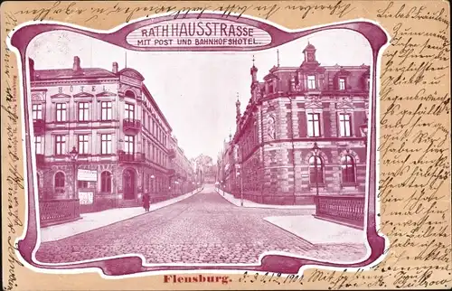 Passepartout Ak Flensburg in Schleswig Holstein, Rathausstraße, Post, Bahnhofshotel