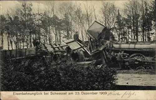Ak Scheeßel in Niedersachsen, Eisenbahnunglück, 23.12.1909, Dampflok 910, Lokomotive 