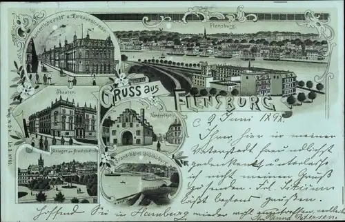 Mondschein Litho Flensburg in Schleswig Holstein, Theater, Anlagen am Staatsbahnhof, Rathausstraße