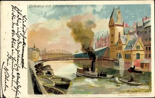 Künstler Litho Linde, Wladimir, Hamburg, Zollkanal mit Jungfernbrücke