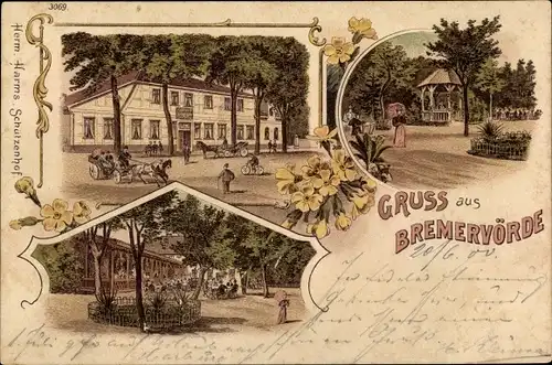 Litho Bremervörde in Niedersachsen, Schützenhof von Herm. Harms, Garten, Gäste