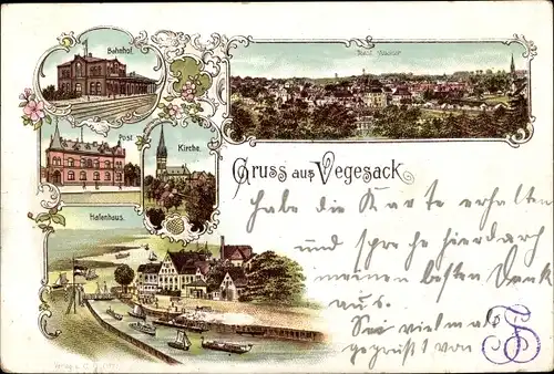 Litho Vegesack Bremen, Bahnhof, Post, Kirche, Hafenhaus, Gesamtansicht