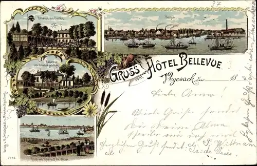 Litho Vegesack Bremen, Hotel Bellevue, Garten, Weserstrand, Hafen