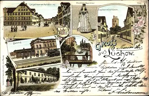 Litho Lüchow im Wendland, Langestraße, Burgstraße, Bahnhof, Schützenhaus, Wendische Bauernbraut