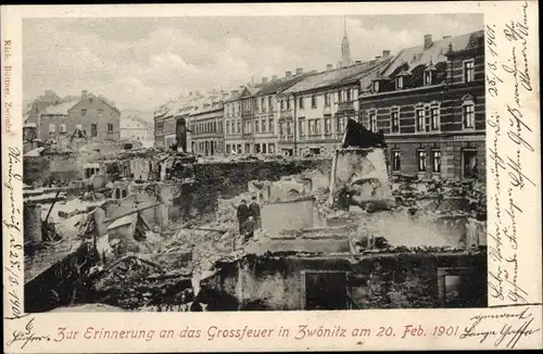 Ak Zwönitz im Erzgebirge Sachsen, Großfeuer 20. Februar 1901, Ruinen