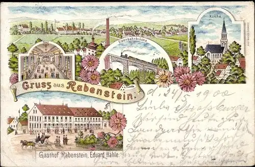 Litho Rabenstein Chemnitz in Sachsen, Panorama, Eisenbahnbrücke, Kirche, Gasthof Rabenstein