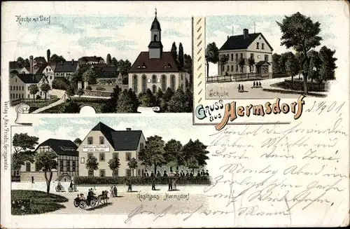 Litho Hermsdorf Zettlitz in Sachsen, Kirche, Dorf, Schule, Gasthaus Hermsdorf
