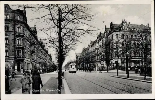Ak Chemnitz Sachsen, Weststraße, Straßenbahn, Passanten